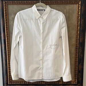 Hyein Seo White Button-Down Shirt w/ Silver Metallic "Save Yourself" & Chains